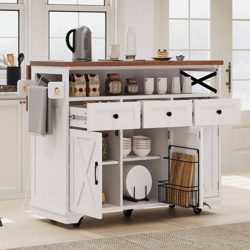 White Wood 53 in. Kitchen Island with Drape of Beads, Drop Leaf, 2 Power Outlet and Storage for Kitchen and Dining Room price history on PriceWatchPro