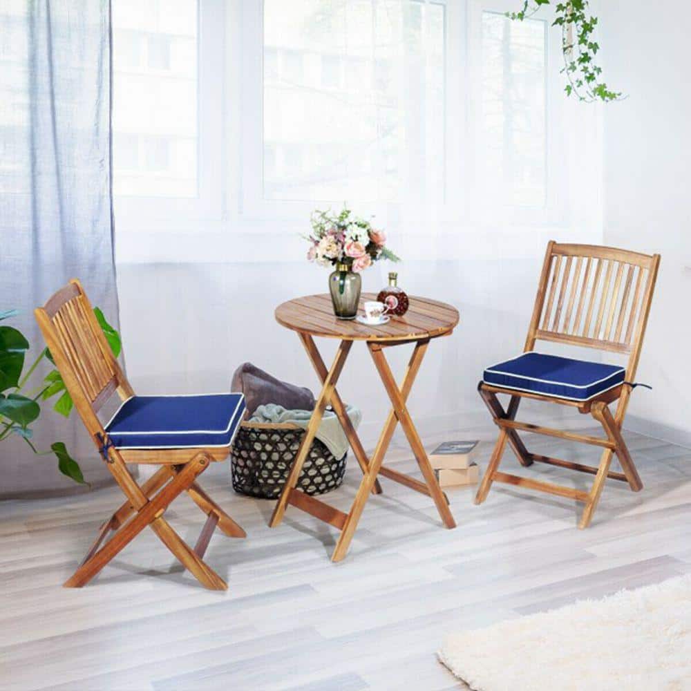 3-Piece Folding Acacia Wood Patio Bistro Set with Navy Cushions