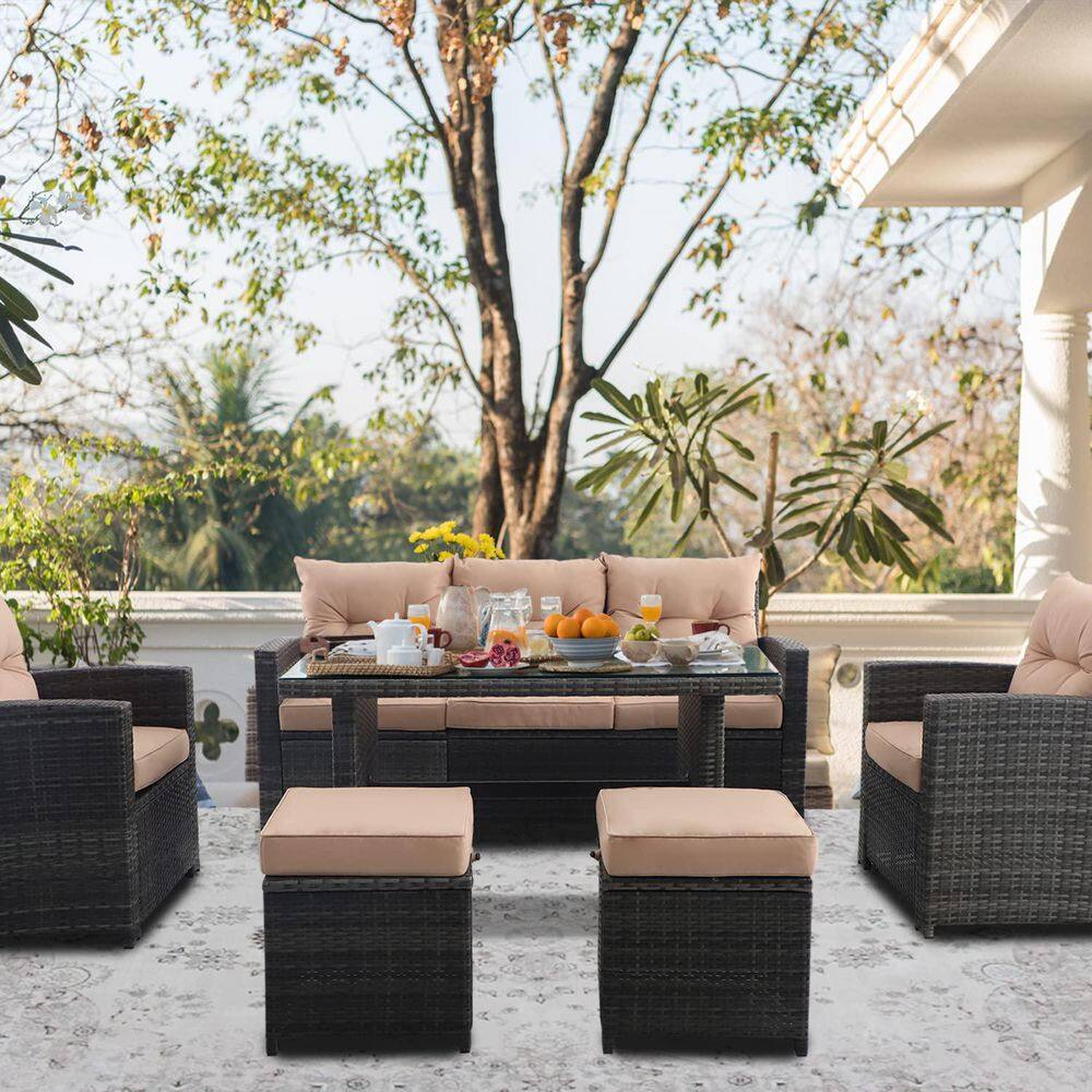 6-Piece Wicker Outdoor Patio Conversation Set with Brown Cushions and Glass Table price history on PriceWatchPro