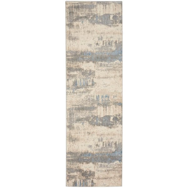 Nourison Solace Ivory/Grey/Blue 2 ft. x 7 ft. Contemporary Runner Area Rug