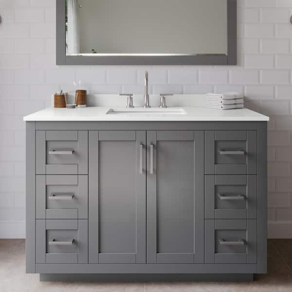 Wyndham Collection Miranda 48 in. W x 22 in. D x 33.75 in. H Single Bath Vanity in Dark Gray with White Quartz Top and 46 in. Mirror