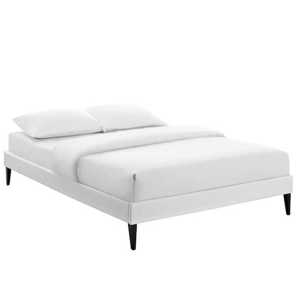 MODWAY Tessie White Faux Leather Queen Bed Frame with Squared Tapered Legs