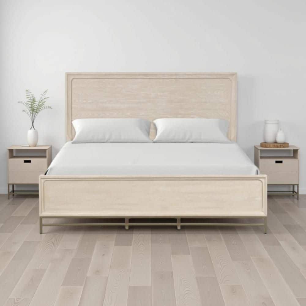 Rozie Light Oak Brown and Bronze Wood Frame King Panel Bed with Panel Style Headboard and Metal Legs