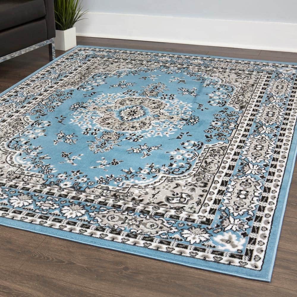 Premium Blue and Gray Medallion Synthetic Area Rug