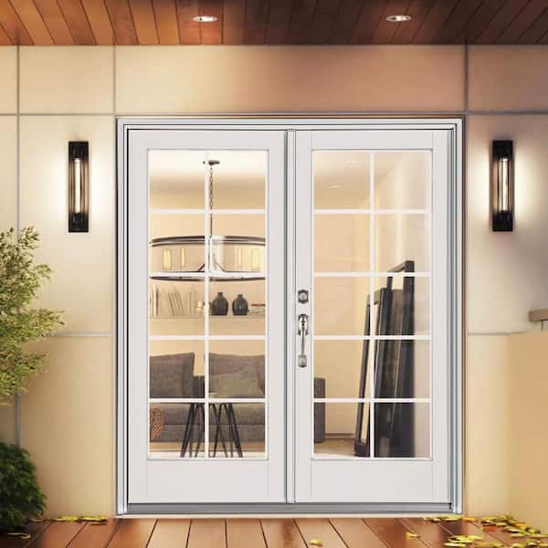 60 in. x 80 in. Fiberglass Smooth White Right-Hand/Inswing Hinged French Patio Door with 10-Lite GBG