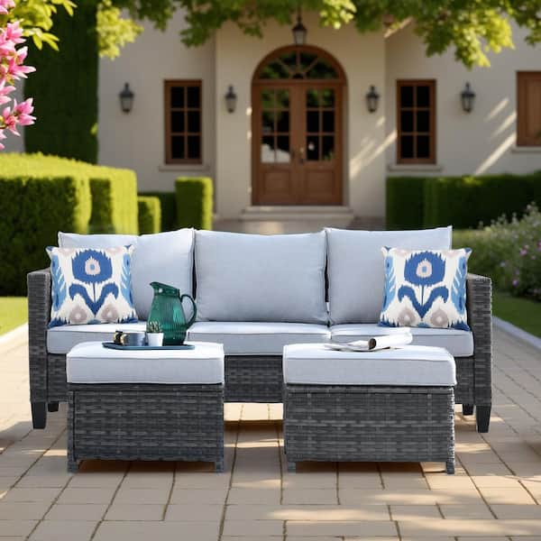 New Vultros Gray 3-Piece Wicker Outdoor Lounge Chair with Gray Cushions and 2 Ottomans