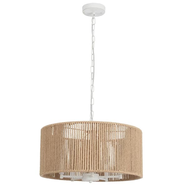 ADSENSTY 5-Light Distressed White Pendant Design Drum Rattan Chandelier with Brown Hand Woven Shade