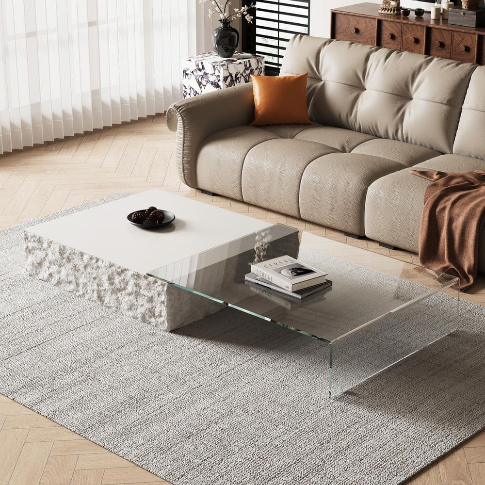 THE RIGHT PATH 39.37 in to 74. 8in W 31. 29D White Square Glass Coffee ...