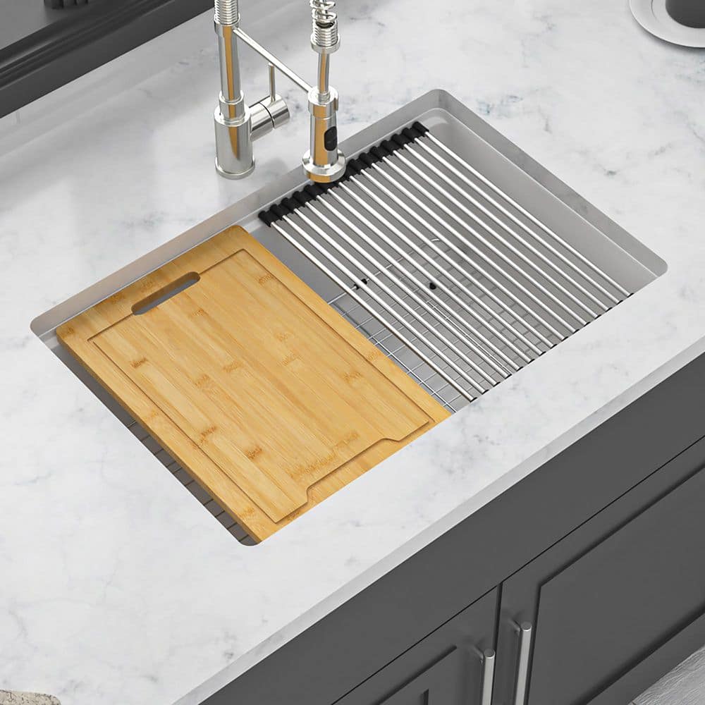 28 in. Undermount Single Bowl Quartz White Kitchen Sink with Workstation