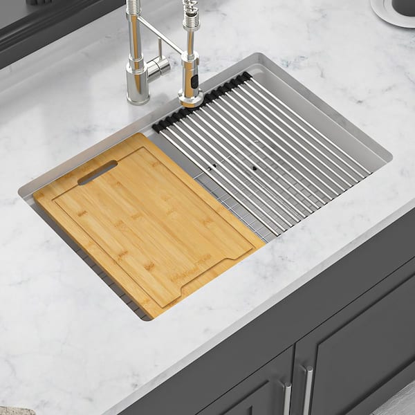 28 in. Undermount Single Bowl Quartz White Kitchen Sink with Workstation
