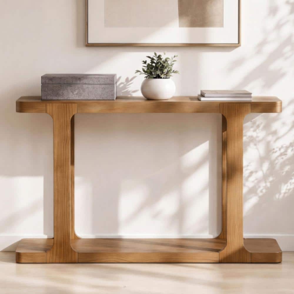 50" Modern Console Table with Solid Wood Legs, Pine Veneer & Bottom Shelf Entryway