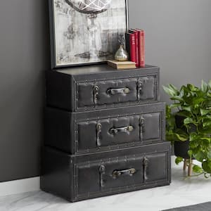 Black Wood Vintage Faux Leather Chest with Buckles and Straps Detailing 32 in. X 32 in. X 16 in.