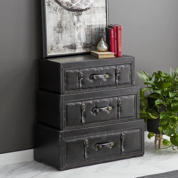 Litton Lane Black Wood Vintage Faux Leather Chest with Buckles and Straps Detailing 32 in. X 32 in. X 16 in.