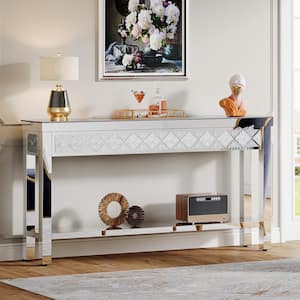 Benjamin 59 in. Silver Rectangle Glass Mirrored Console Table with Storage, Narrow Sofa Table Hallway Entryway Table