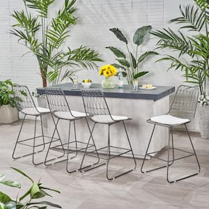 Niez Grey Metal Outdoor Bar Stool with Ivory White Cushions (4-Pack)