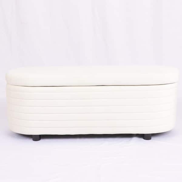 KINWELL 49.6 in. Wide White Velvet Upholstered Rectangle Ottoman with Storage