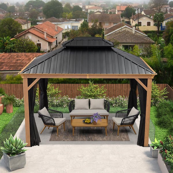 10 ft. x 12 ft. Wood Grain Aluminum Power-Coated Frame Galvanized Steel Double Roof Hardtop Gazebo(Curtain Not Included)