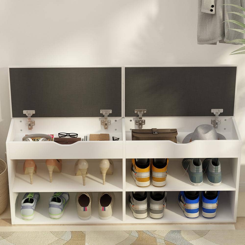 White MDF Shoe Storage Bench with Cushion and Open Shelves