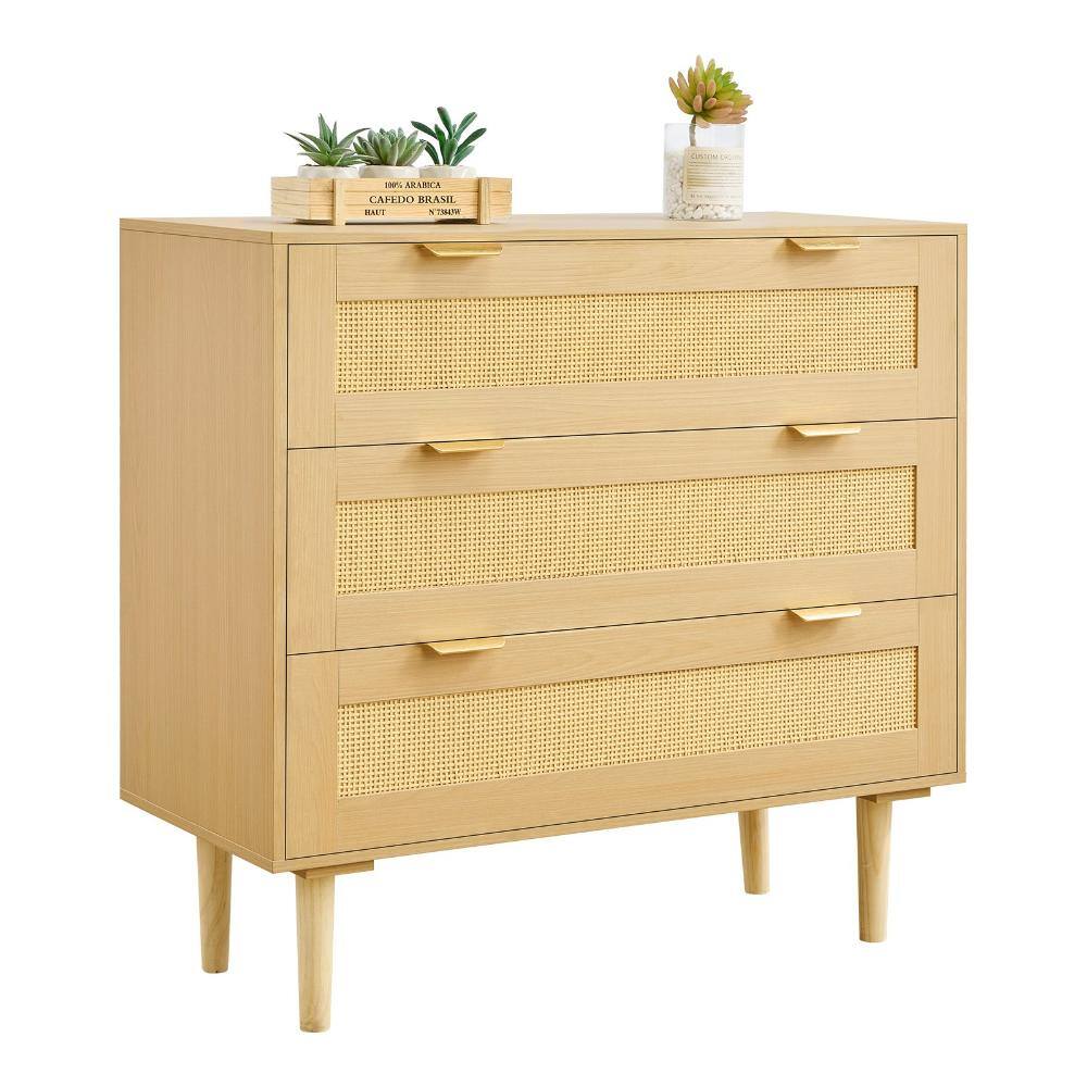 3-Drawer Rattan Dresser, Metal Handles, Wooden Legs, Modern Closet Storage Chest for Bedroom Living Room Hallway price history on PriceWatchPro