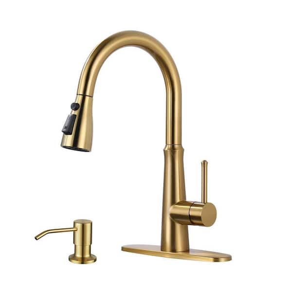 Single Handle Stainless Steel Pull Down Sprayer Kitchen Faucet with Soap Dispenser in Brushed Gold