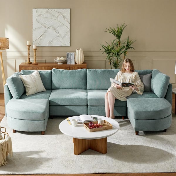Gianna 125 in. Straight Arm Polyester Modular Storage Sofa in Sage