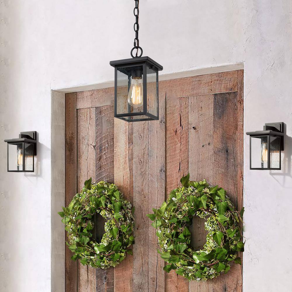 Matte Black Outdoor Lantern Sconce with Seeded Glass Shade