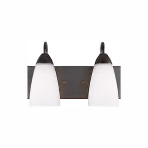 Seville 13 in. 2-Light Bronze Transitional Modern Wall Bathroom Vanity Light with White Glass Shades and LED Bulbs