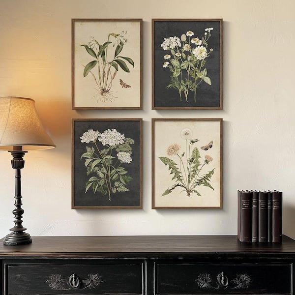 4 Piece Framed Botanical Wall Art Poster, Rustic Flower Butterfly Pictures, 14 in. x 11 in