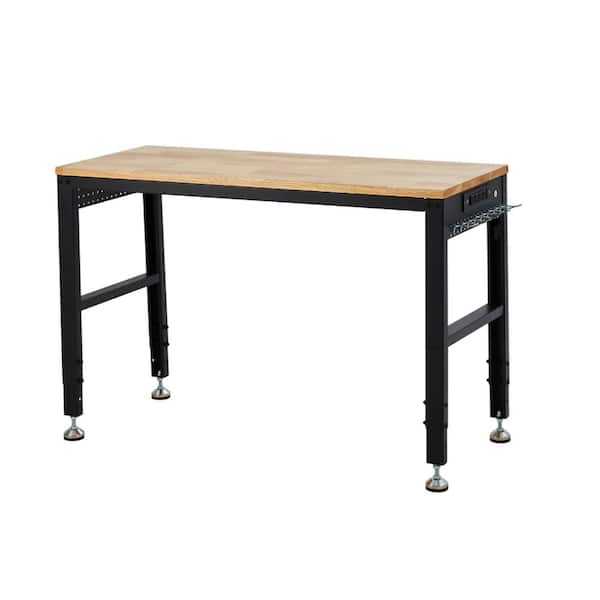 Garage Workbench with Adjustable Height, Thick Rubberwood Top, U-Shaped Legs, Built-in Power Outlets for Garage,Workshop