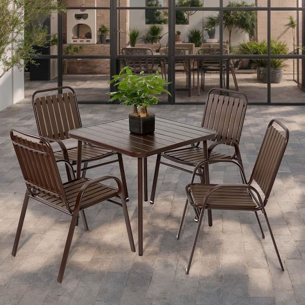 Unbranded Brown 5-Piece Plastic Outdoor Dining Set Metal Frame Patio Dining Set Square Dining Table with Patio Chairs Set