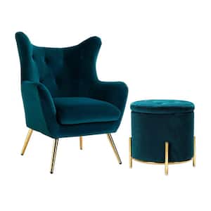 Esteban Teal 2-Pieces Living Room Set with Wingback Chairs and Storage Ottomans