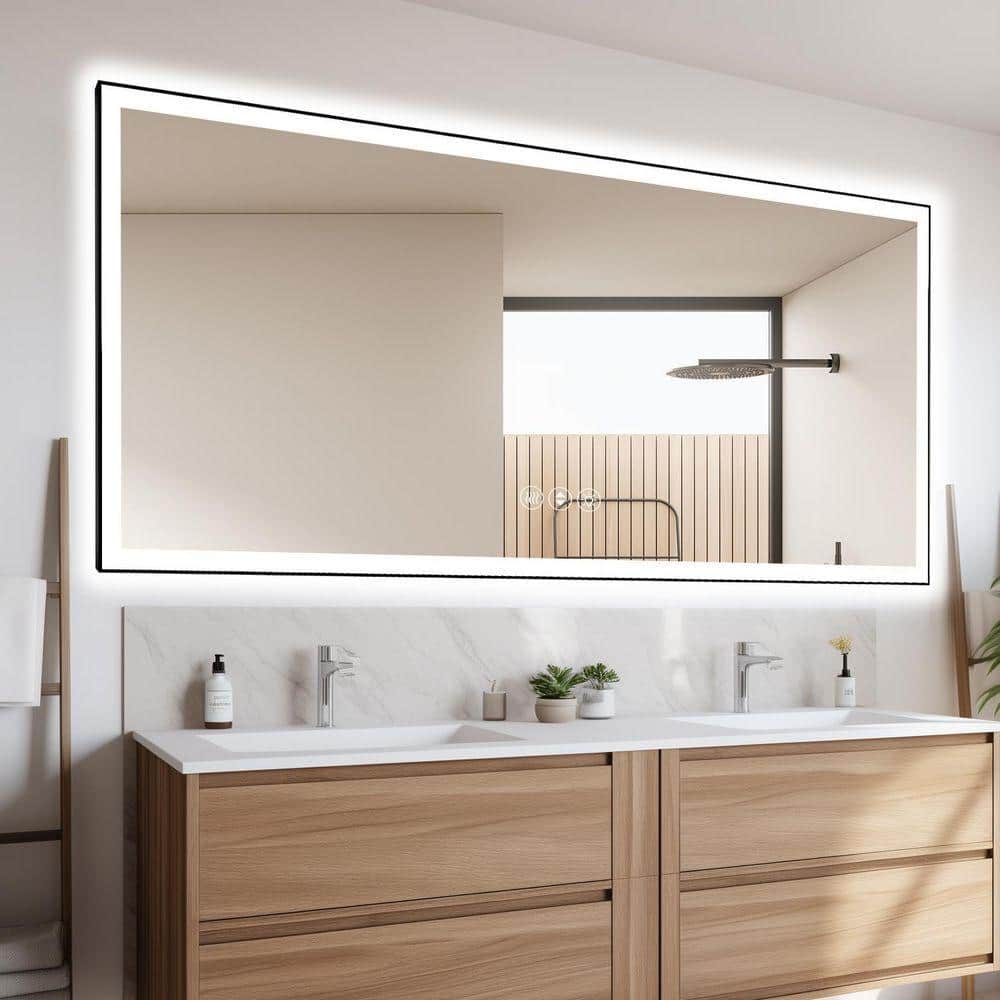 Black 84 in. W x 40 in. H LED Wall Mirror Rectangle Vanity Mirror for ...