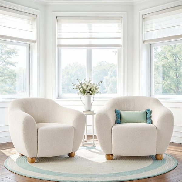 Linley Ivory Contemporary Polyester Boucle Accent Chairs with Wood Legs, Set of 2
