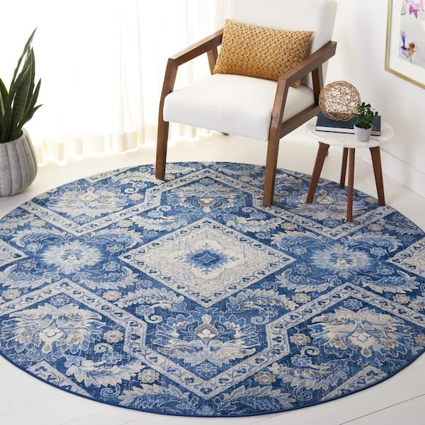Brentwood 7 ft. x 7 ft. Blue/Ivory Geometric Ornate Round Area Rug