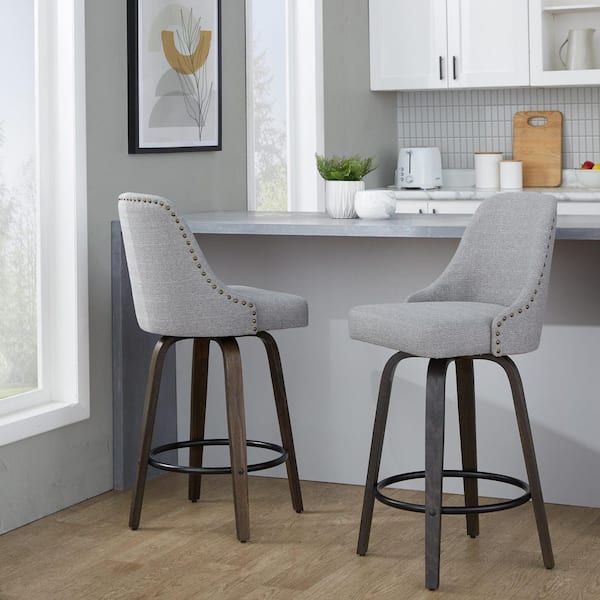 Lumisource Studded Marcel 27 in. Light Grey Fabric Walnut Glazed Wood Black Metal Brass Metal Fixed-Height Counter Stool (Set of 2)