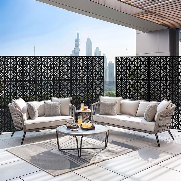 6 ft. x 4 ft. Privacy Fence Screen Black Galvanized Metal for Garden Fence in Geometric Pattern