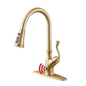 3-Spray Patterns 1.8 GPM Single Handle Touchless Pull Down Sprayer Kitchen Faucet with Deckplate in Brushed Gold