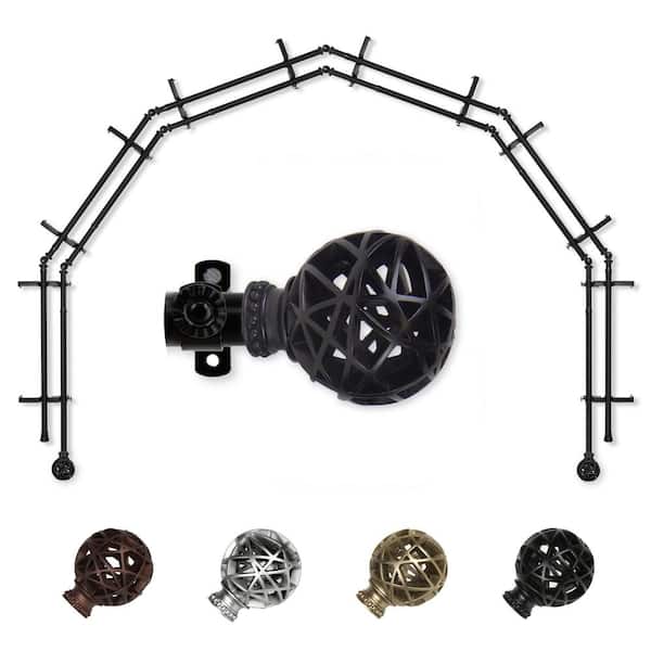 EMOH 13/16" Dia Adjustable 6-Sided Double Bay Window Curtain Rod 28 to 48" (each side) with London Finials in Black