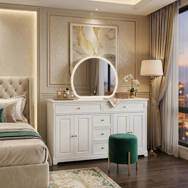 FUFU&GAGA 2-Piece White Makeup Vanity Table with Mirror, 3-Color LED  Lighting, 5 Drawers, Double Door Cabinets, Interior Shelving ZN-020263-01+8  - The Home Depot