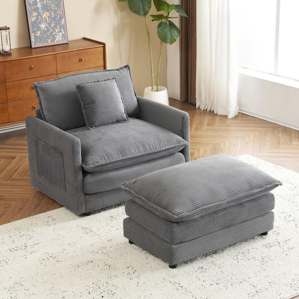Harper & Bright Designs Oversized Dark Gray Corduroy Polyester Straight Arm Chaise Lounge with Pillow, Side Pockets, 2-Layer Cushions, Ottoman