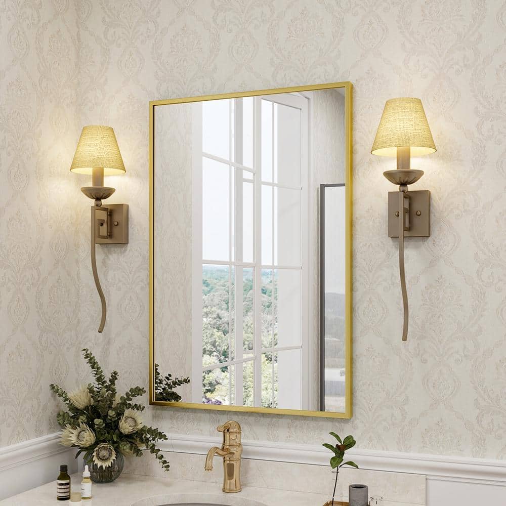 GLSLAND 26 in. W x 38 in. H Rectangular Metal Framed Wall Bathroom Vanity Mirror Gold A2638GRT