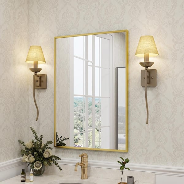 GLSLAND 26 in. W x 38 in. H Rectangular Metal Framed Wall Bathroom Vanity Mirror Gold