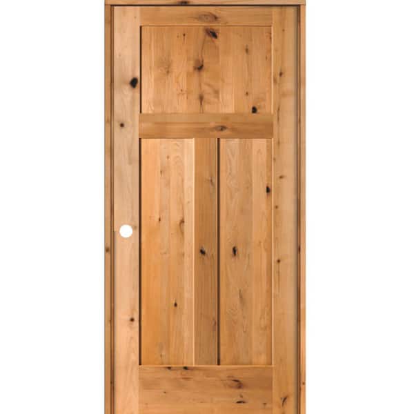 Krosswood Doors 24 in. x 80 in. Craftsman Knotty Alder 3-Panel Right-Handed Clear Stain Solid Wood Single Prehung Interior Door