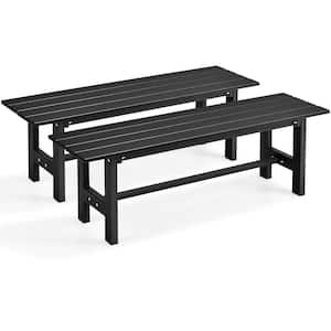 2-Pieces Black HDPE Plastic Outdoor Bench with Metal Frame 47 in. x 14 in. x 16 in. for Yard Garden