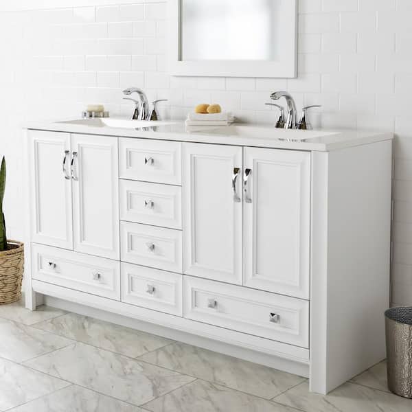 Glacier Bay Candlesby 60.25 in. W x 18.75 in. D Bath Vanity in White with Cultured Marble Vanity Top in White with 2 Sinks