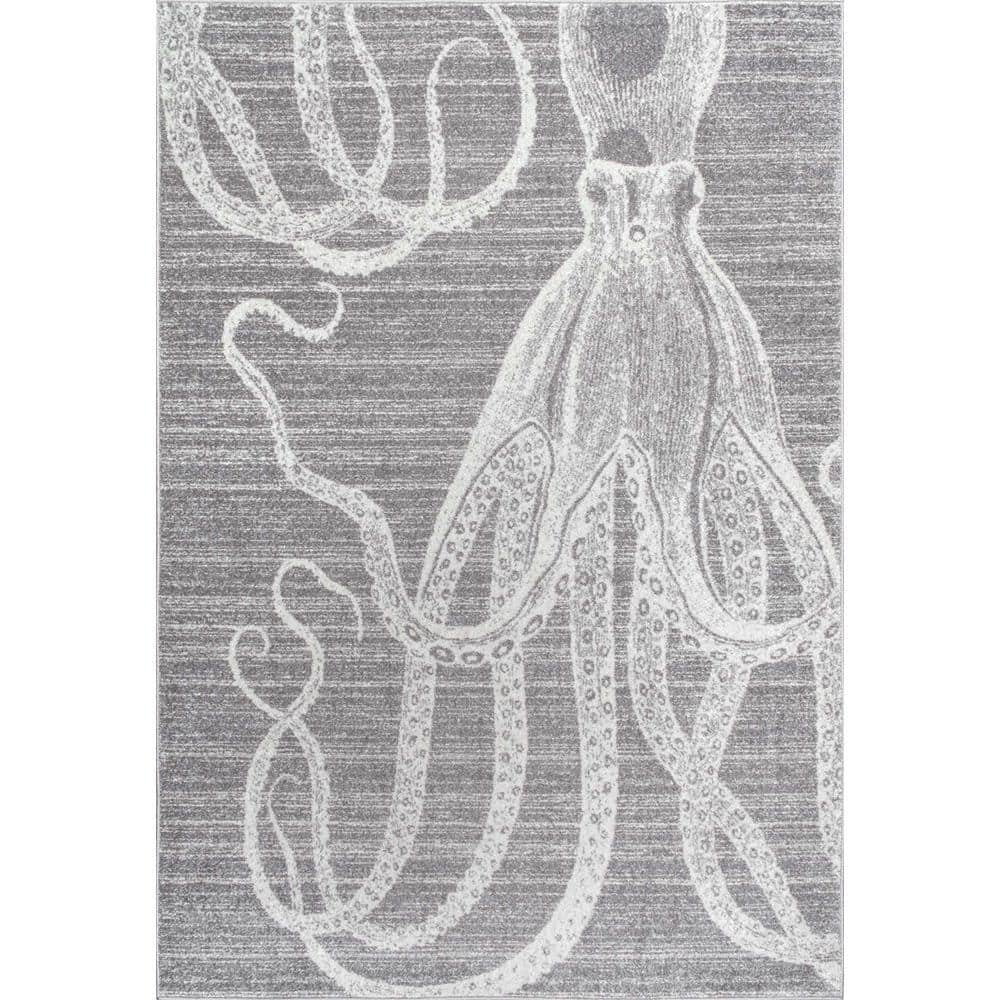 Contemporary Coastal Charm Gray Stripe Synthetic Area Rug, 5' x 8'