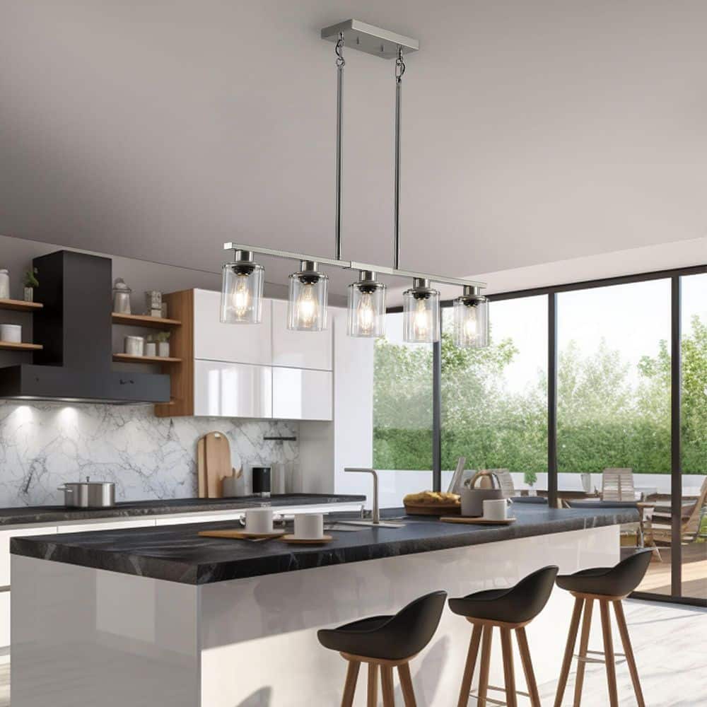 5-Light Chrome Modern Industrial Glass Shade Linear Chandelier for Dining Room Kitchen Island with No Bulbs Included price history on PriceWatchPro