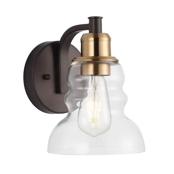 Manhattan Vintage 6.5 in. 1-Light Brass Gold/Oil Rubbed Bronze Metal/Glass Industrial Rustic LED Vanity Light