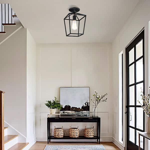 Wispfire 1-Light Indoor Classic Black Modern Chandelier Lights with Caged Metal Shad, Semi Flush mount, E26 Lamp holder