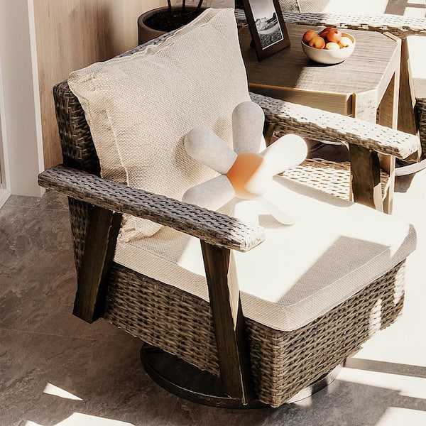 Wicker Patio Outdoor Rocking Chair Swivel Lounge Chair with Beige Cushion
